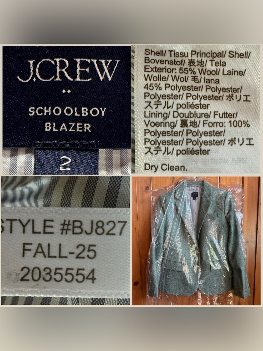J. Crew Schoolboy Blazer BJ827 Herringbone Wool Blend Contrast Lining Green (2) - Picture 7 of 17